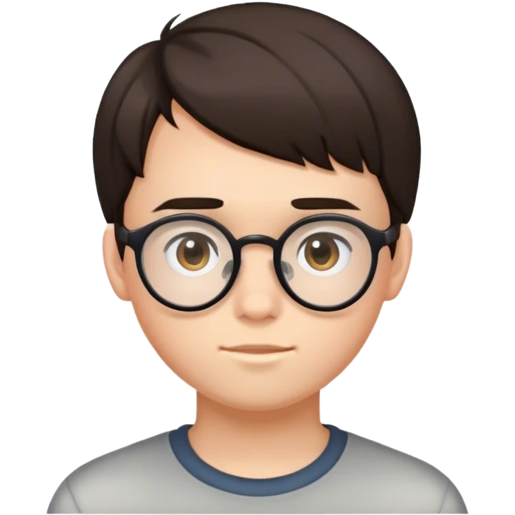 15 year old with dark brown hair with a hair cut that coveres his forehead has glasses and a round head emoji