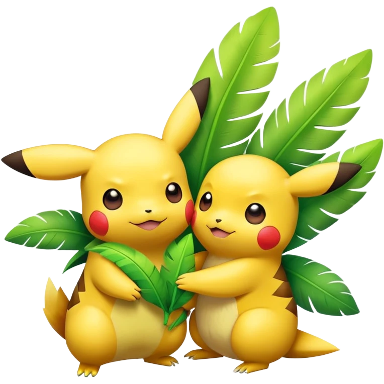 pikachu and tropius cuddling, pokémon, kawaii emoji