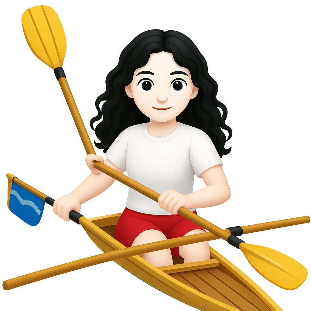 Kızın tenini daha beyaz yap, siyah uzun dalgalı saçlı, kırmızı şort ve beyaz kısa kollu tişörtle olimpik kürek sporu yapıyor emoji