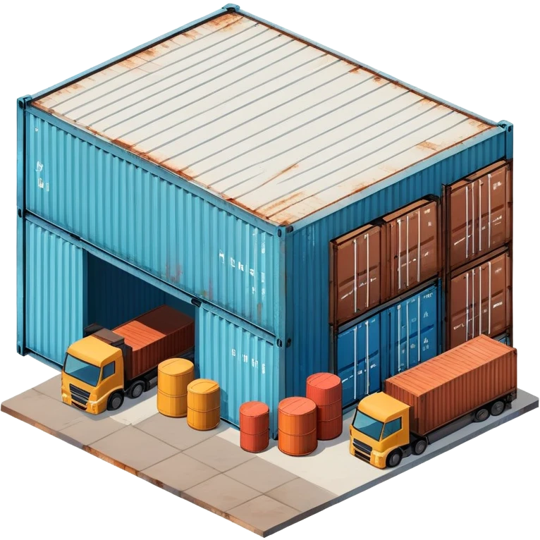 Isometric industrial warehouse with shipping containers outside and loading bay emoji