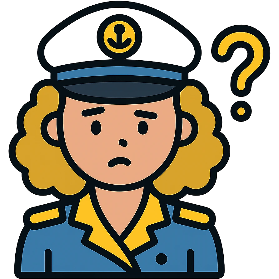 girl with curly dirty blonde hair, cruise captain, questioning look emoji