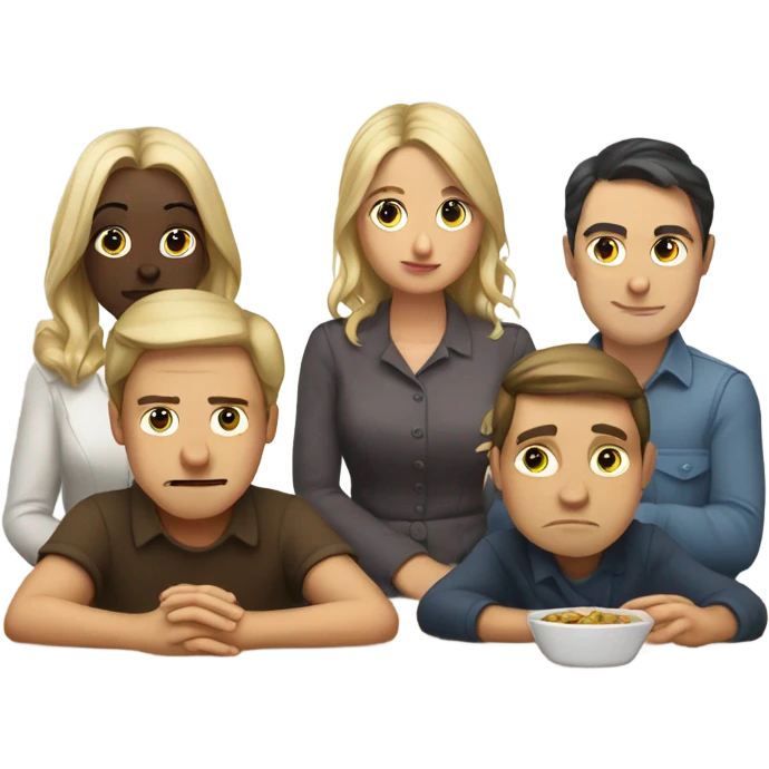 6 Caucasian people sitting around a table looking unhappy emoji