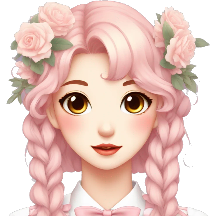 Gorgeous pastel anime style lady with blushing face and flowers and laces and bow ties and pretty hair aesthetic trending style emoji