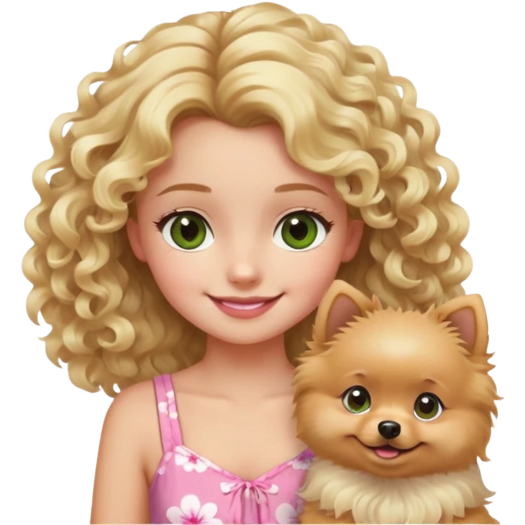 smiling girl with blonde curly hair and brown/Green eyes with a Blond Pomerania in a pink summer dress  emoji