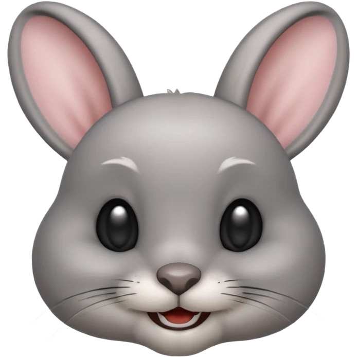 Head of a grey rabbit in Apple emoji style, round face, soft grey fur, big black eyes, perky ears, gently showing two front teeth in a subtle smile, front-facing, clean and glossy look
 emoji