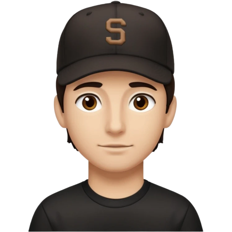 male, dark brown hair, dark brown eyes, fair skin, black baseball hat, dry fit tee emoji