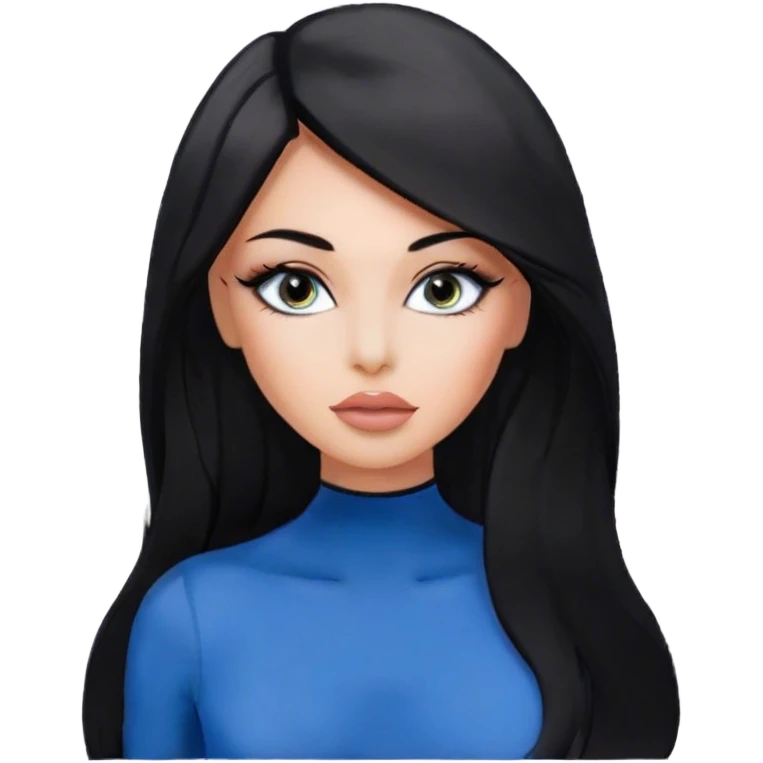 Glamours, tanned, very beautiful girl, with big pump peach-beige-rose lips, eyeliner, long long lashes, black straight smooth silky long hair, straight parting hair, blue-grey eyes, in totally black bodysuit  emoji