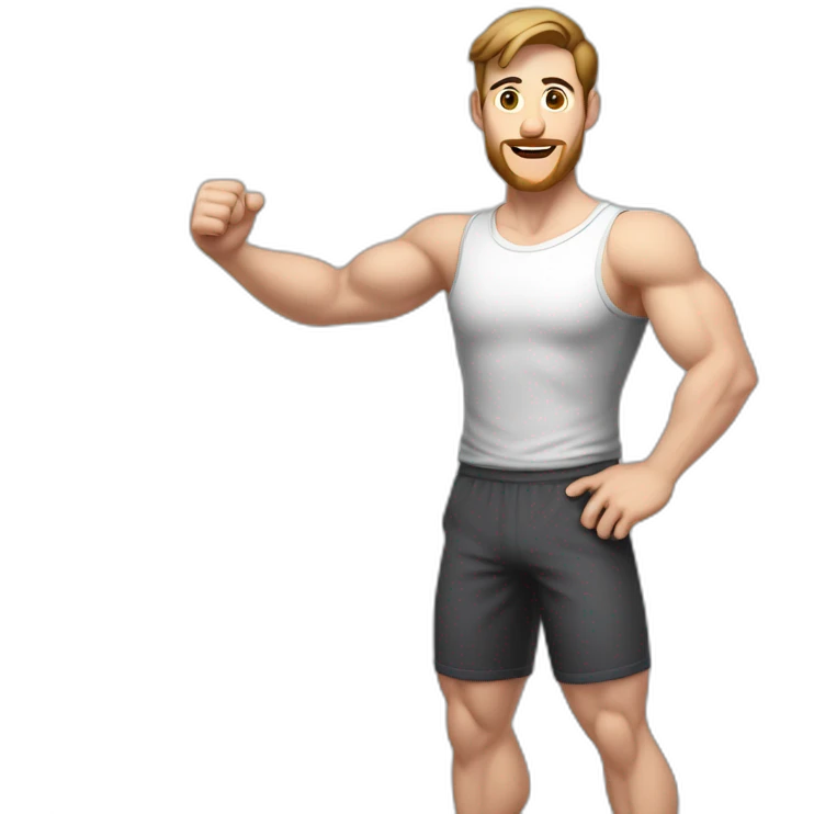 Full height Actively gesturing with hands Pale skinned Fit Man With the biceps and brown hair in dark gray Sleeveless Mike, black oversize sports shorts, watch and white Sneakers emoji