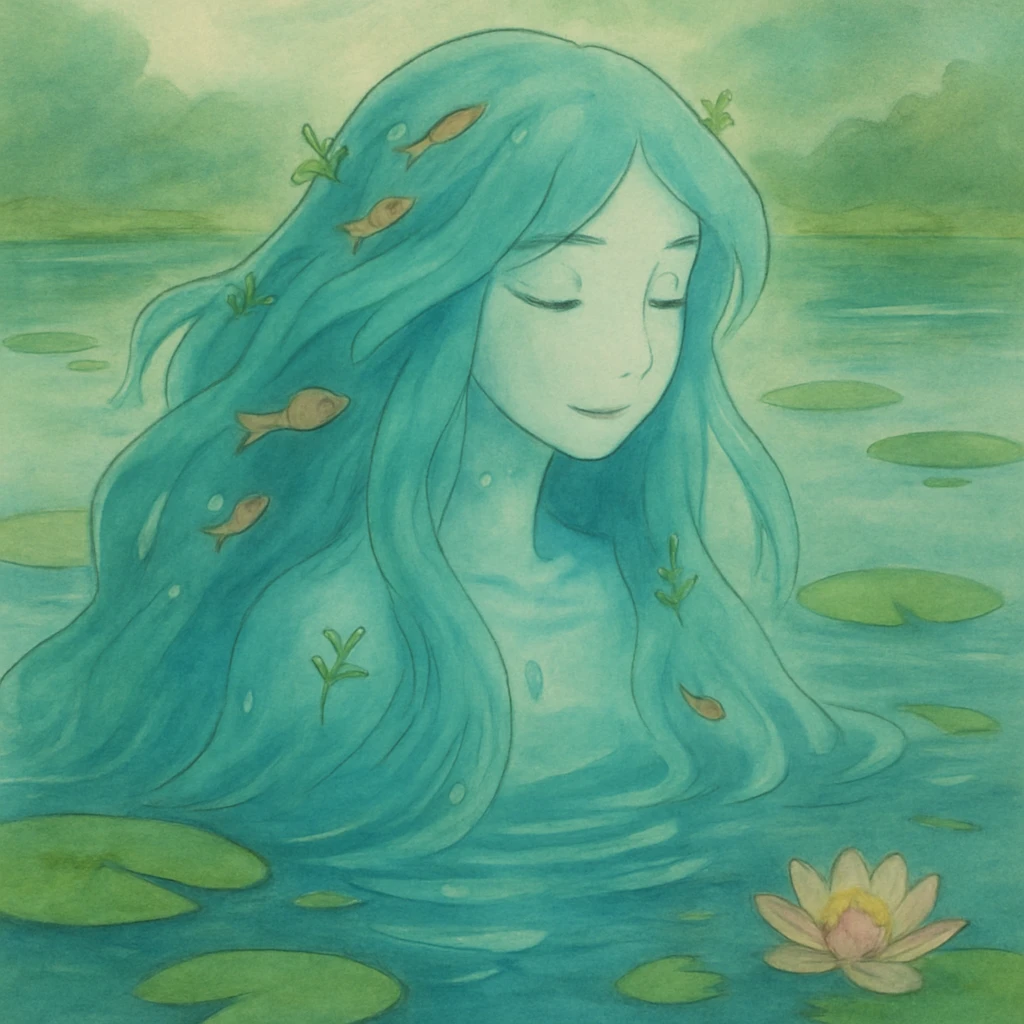 A fluid, translucent river spirit with flowing blue-green hair like water, decorated with small fish and water plants, emerging from a serene pond with lily pads, painted in a soft dreamy style emoji