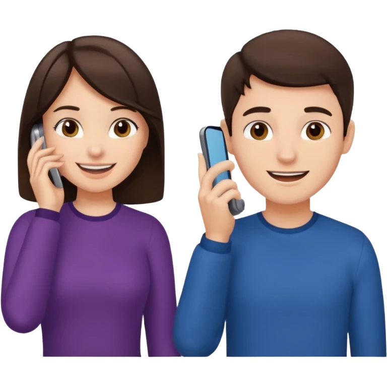 generate 2 teenagers. (one boy, one girl) brunette. calling while smiling awkwardly emoji