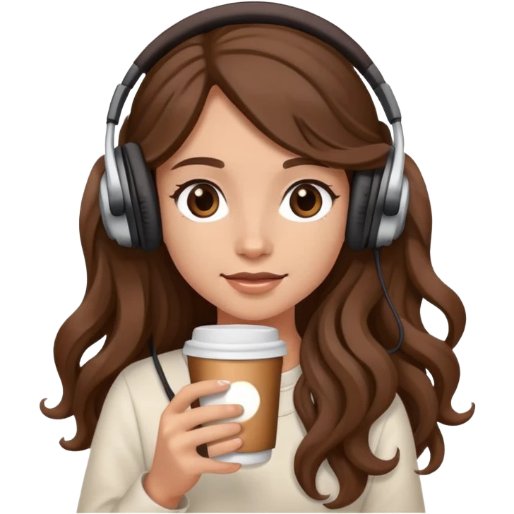 A girl with brown wavy long hair, wearing headphones on her head and holding coffee in her hand emoji