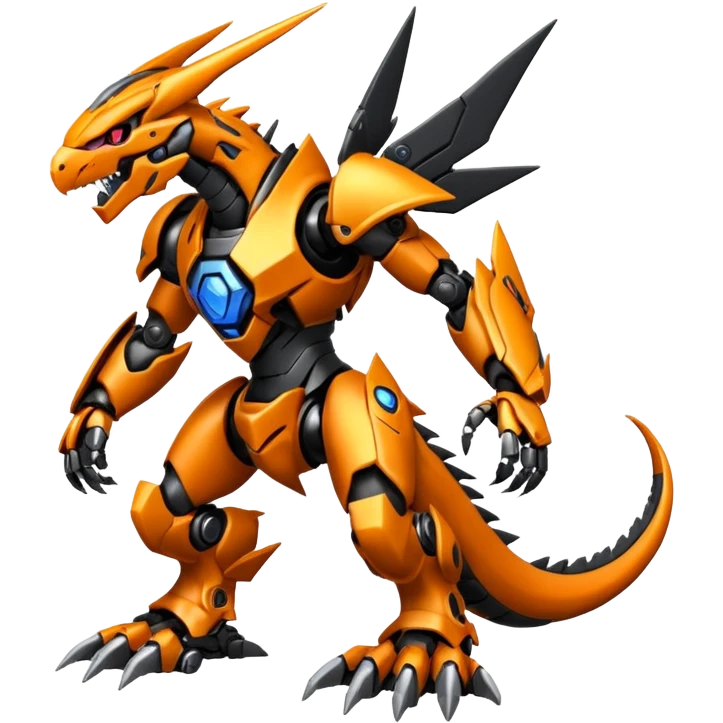 Cool Futuristic Black Orange Cyber-Digimon-Fakemon-Guilmon-Guilmon-Raptor-Wargreymon-Mecha-fusion (full body) emoji