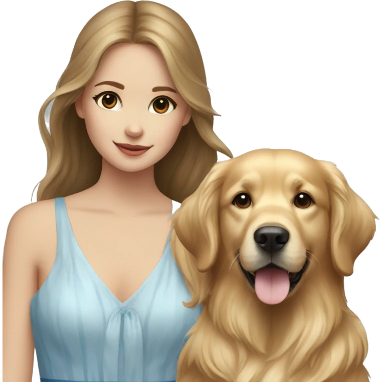 Golden retriever with a girl in white blue dress emoji