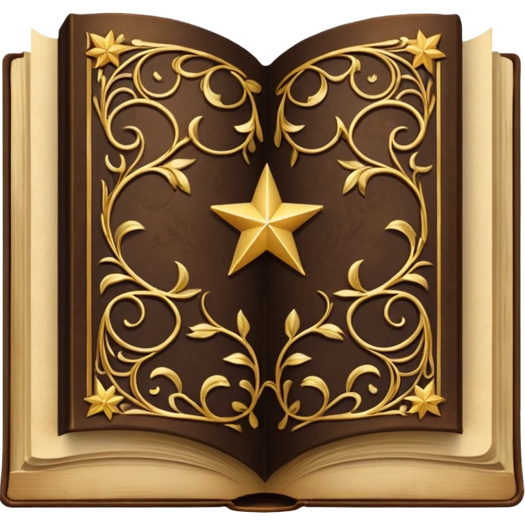 An open, ornately decorated book rendered in a highly detailed. The book's cover, framed with a broad, golden border, is a rich, dark brown, embellished with intricate golden filigree designs, including scrolling vines and decorative stars. emoji