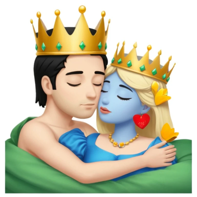 Blonde Queen with crown, Green eyes, naked, kissing man, naked, no crown, black hair, blue eyes, whole Body, Background sleeping room  emoji