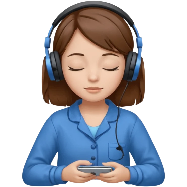 chica con pelo castaño ojos cerrados escuchando musica en pijama azul emoji