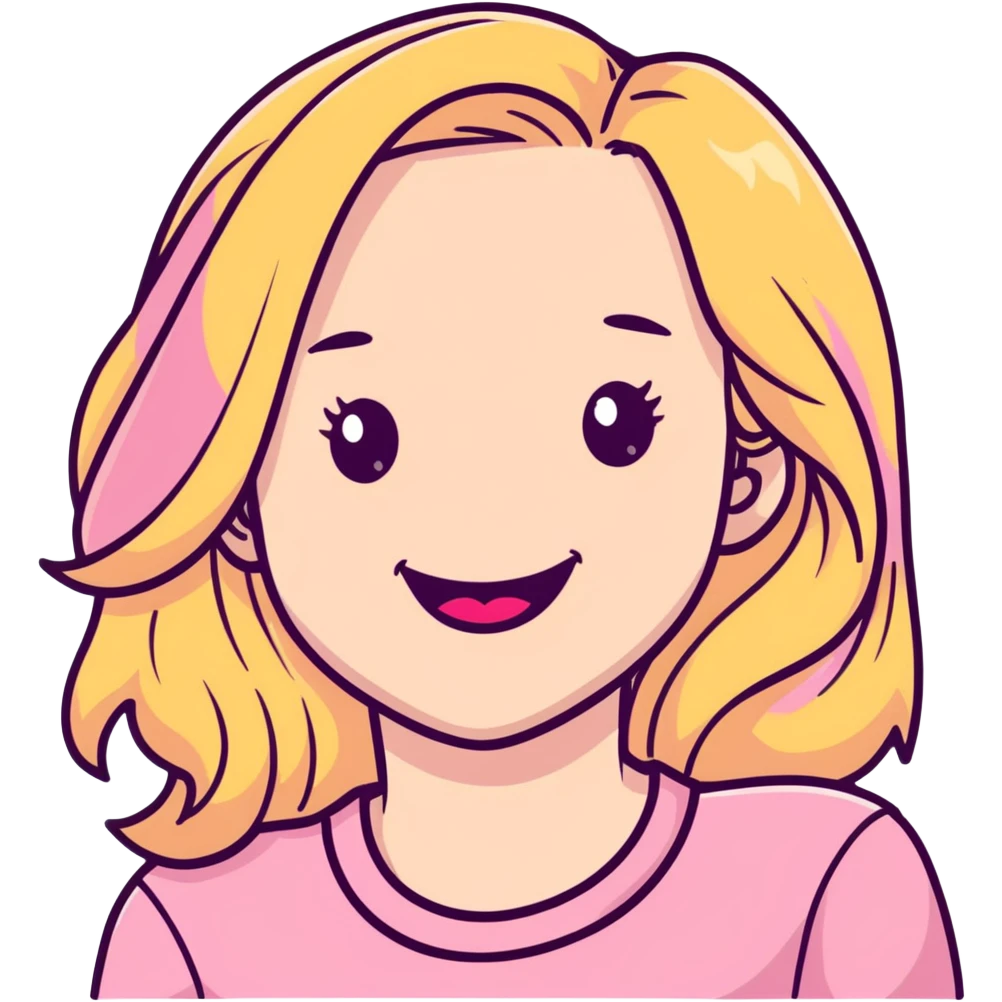 Young girl with pale skin, full pink lips smiling, blonde reddish long hair, big brown eyes with a hint of green, big mouth emoji