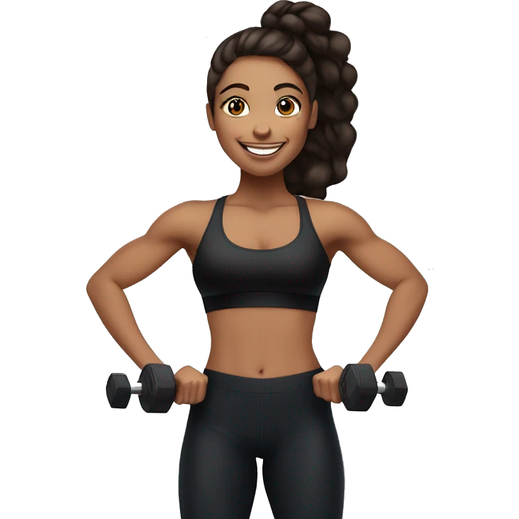 Gym girl lifting weights,bruenette hair blue eyes, smiling wearing black gym leggings emoji