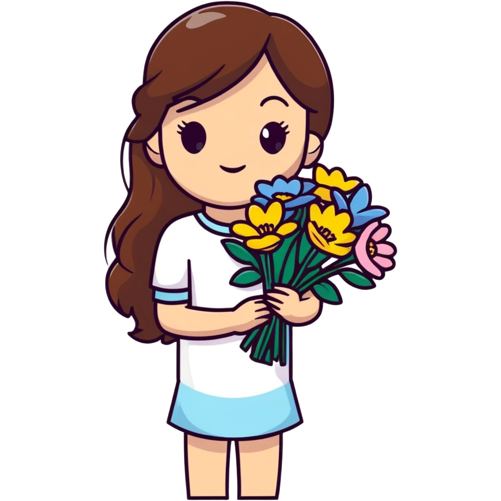 Cool girl with long brown hair holding a bouquet of flowers emoji