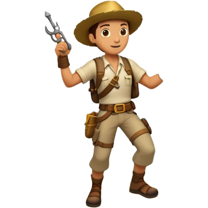 An icon featuring an adventurer in a dynamic action pose, with treasure maps, ancient ruins, and jungle landscapes in the background. The design includes clues, hidden passages, and climbing gear, symbolizing the thrill of exploration and discovery. Transparent background. emoji