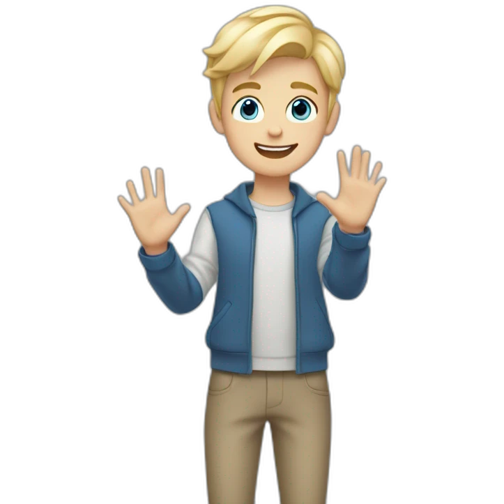 Blonde teen boy with medium short hair, blue eyes, waving hi to the camera emoji