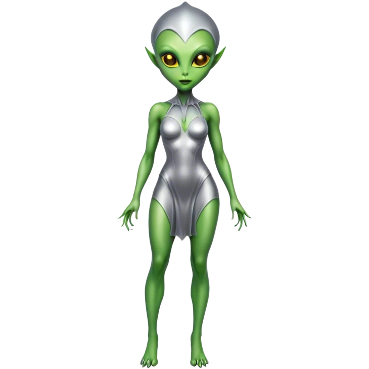 Green Alien woman in silver dress, full figure, scale skin, yellow eyes emoji