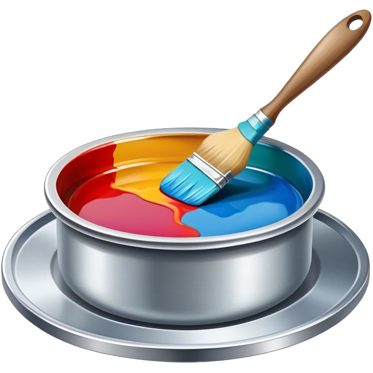 Enamel on metal icon, metal surface with vibrant enamel paint being applied, visible fine paintbrush, enamel pots, metal object like a plate or decorative piece, no finished artwork, just the process of applying enamel, shiny metallic finish with colorful enamel, minimalistic style, clean lines, transparent background. emoji