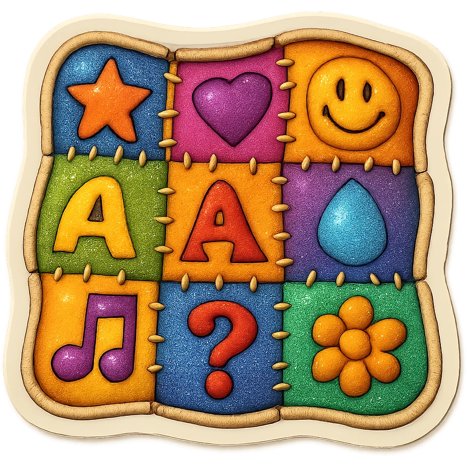 A chaotic patchwork quilt emoji with mismatched symbols and icons, evoking a deliberately absurd and brain-melting feel, grotesque and nonsensical emoji