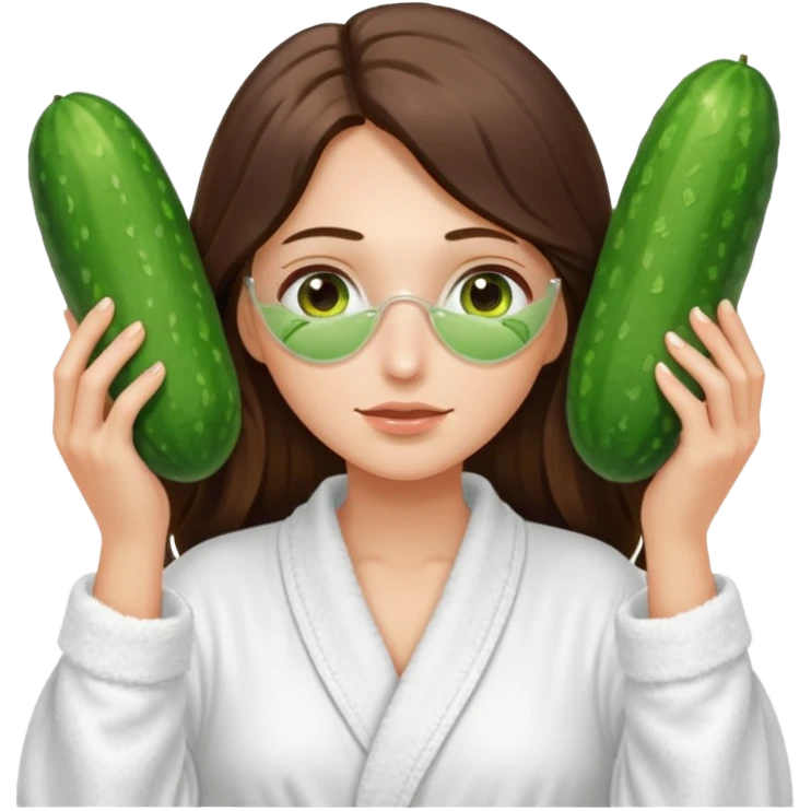white long brunette hair girl with hazel eyes in a bathrobe with cucumbers covering her eyes emoji