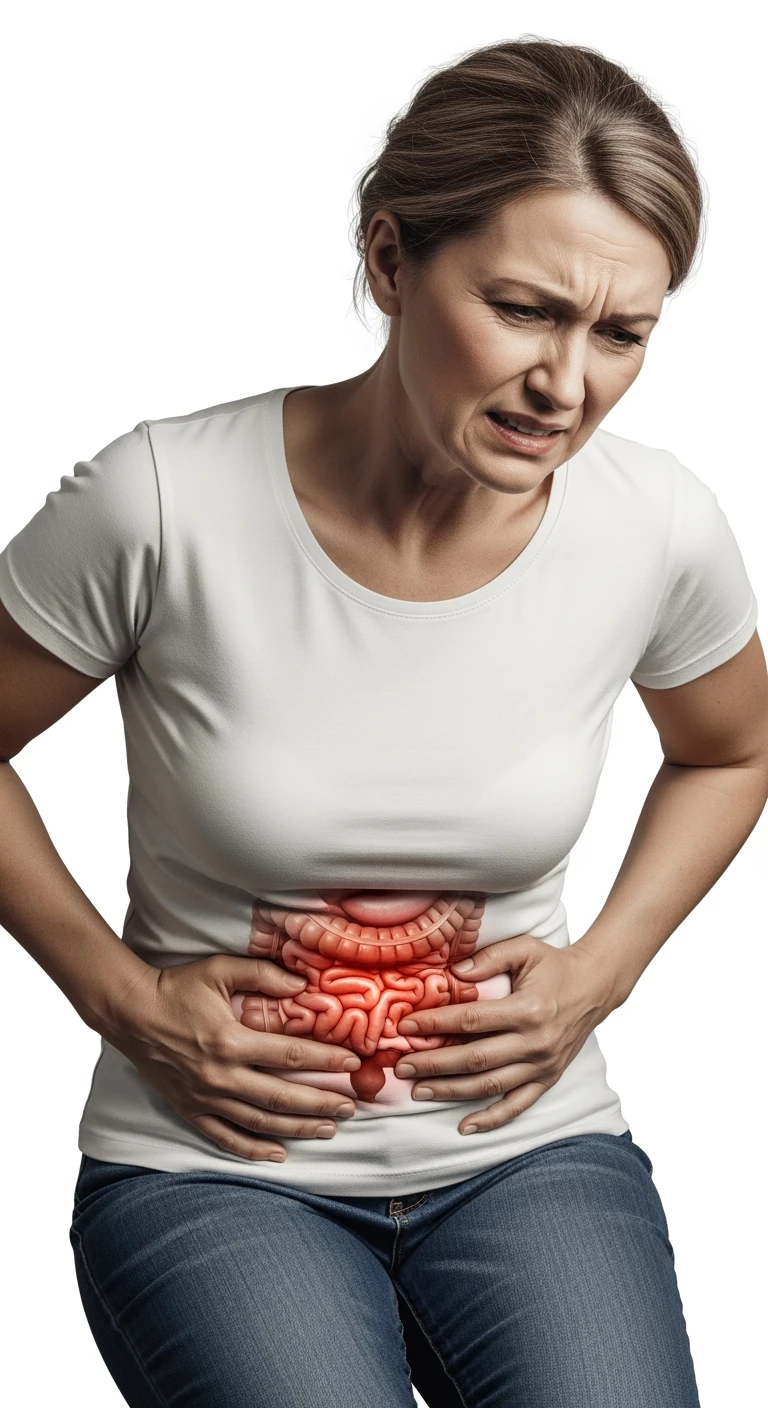 UNA DONNA REALISTICA con mal di pancia, INTESTINO ANATOMICO INFIAMMATO VISIBILE, MAL DI PANCIA, ISOLATA SU SFONDO BIANCO, IPERREALISTICA 4K emoji