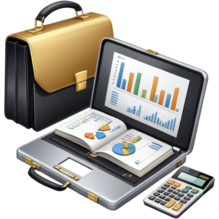 Icon for Business Reading: an open book with a graph and financial charts, a briefcase, a calculator, and a laptop nearby. The icon should represent the world of business, finance, and professional growth. Transparent background. emoji