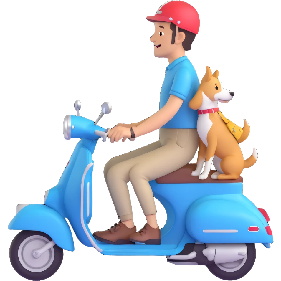 man and his pet dog riding a vespa emoji