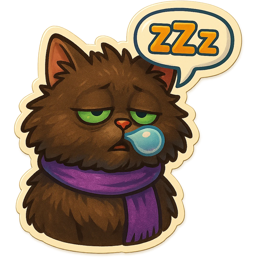 Fluffy cute sleepy dopey tired exhausted dark-brown cat with green eyes and a purple scarf saying ‘zZz’ with a snoring nose bubble (with a speech bubble) emoji