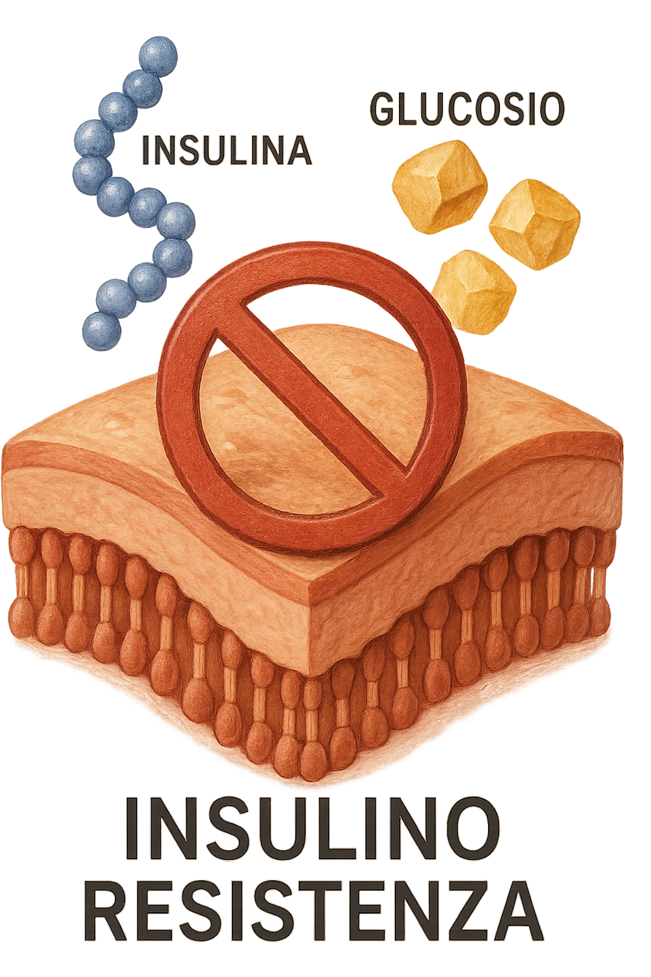 Create a realistic and symbolic icon representing insulin resistance with no background and a 2:3 aspect ratio. Include the Italian text 'Insulino Resistenza' in a clean and clear style. The symbol should depict insulin, glucose, and a cell showing resistance to entry, with a realistic and clear style. emoji