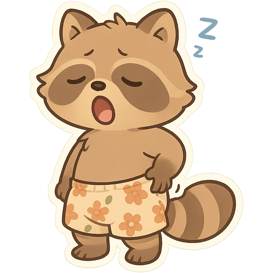 A little raccoon just woke up, wearing flowery shorts, scratching his butt with one hand emoji
