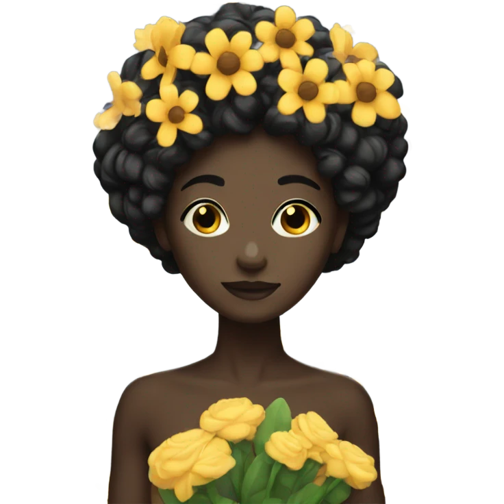 Black skin with black hair holding a lot of flowers emoji