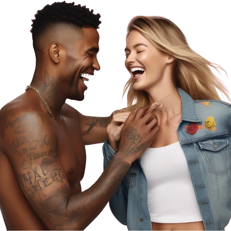 Photo of Victoria secret model laughing with a tattooed male model  emoji