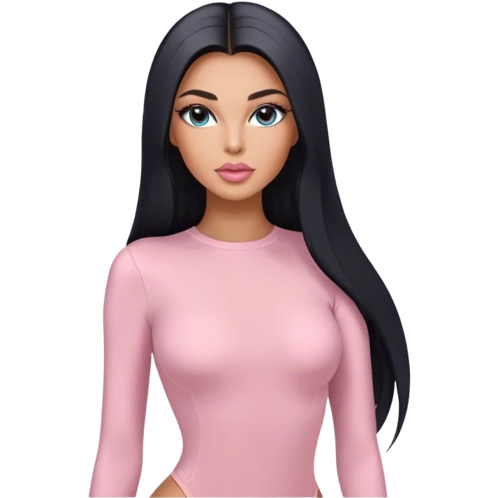 Glamours, tanned, very beautiful girl, with big pump peach-beige-rose lips, long long lashes, black straight smooth silky long hair, straight parting hair, blue-grey eyes in light pink long-sleeves bodysuit emoji