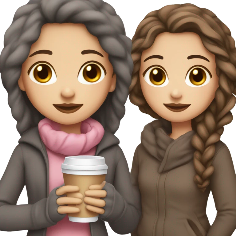 Girl with brown hair with dark gray highlights, fair skin, long beautiful hair, soft pink lips, brown eyes, drinking coffee and wearing winter clothes eting cake , white girl emoji