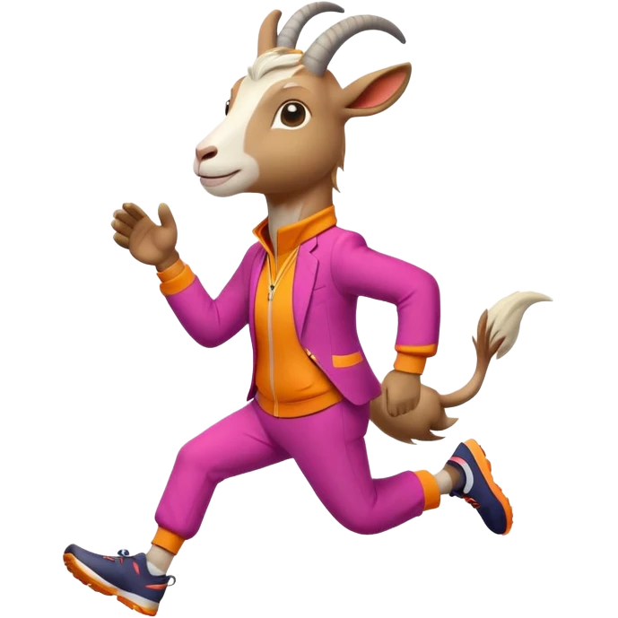 friendly anthropomorphised goat jogging upright in a colourful suit, relaxed pose emoji