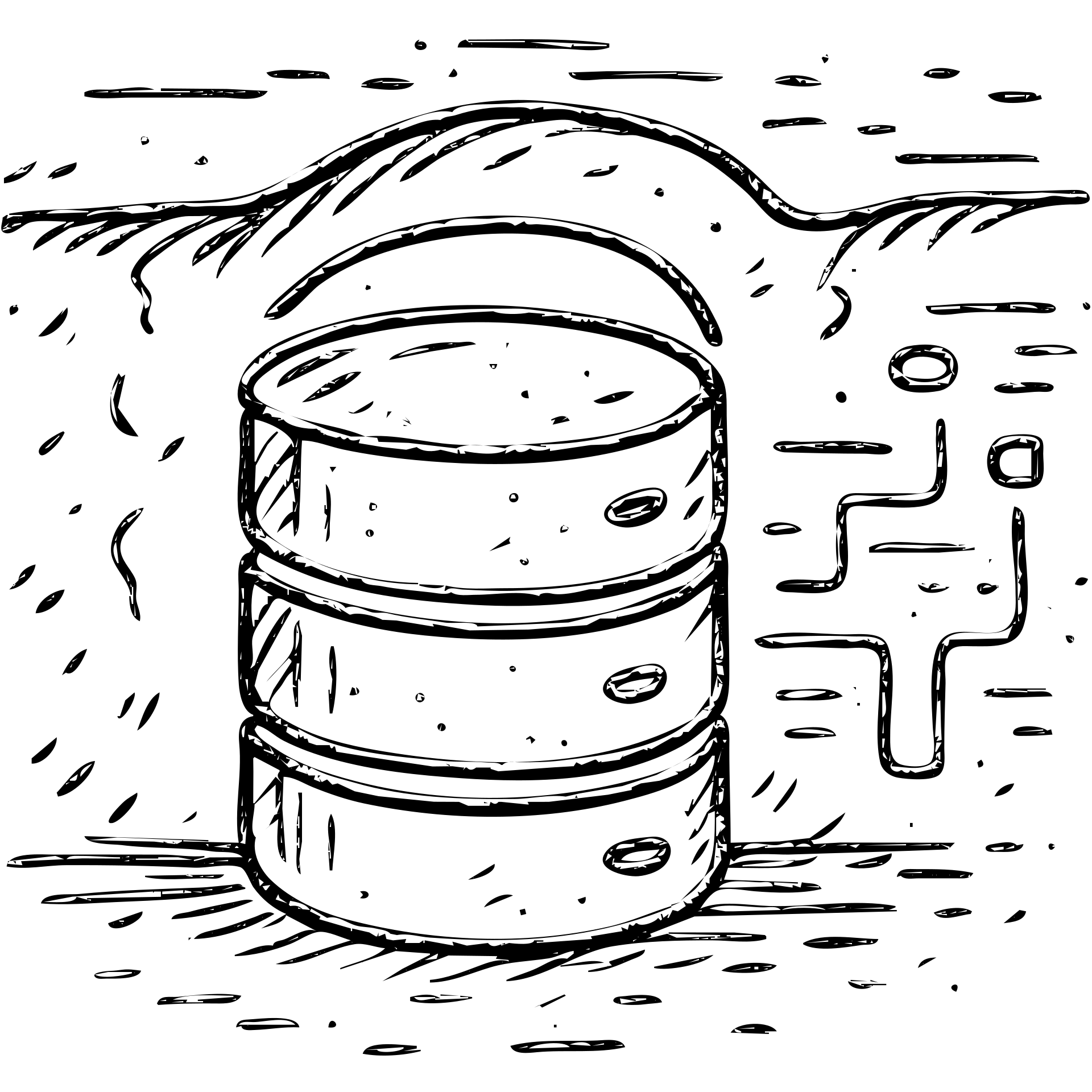hand drawn outlined icon of stacked database cylinders in a basement or underground setting with abstract data streams, worn and distressed effect, detailed icon emoji