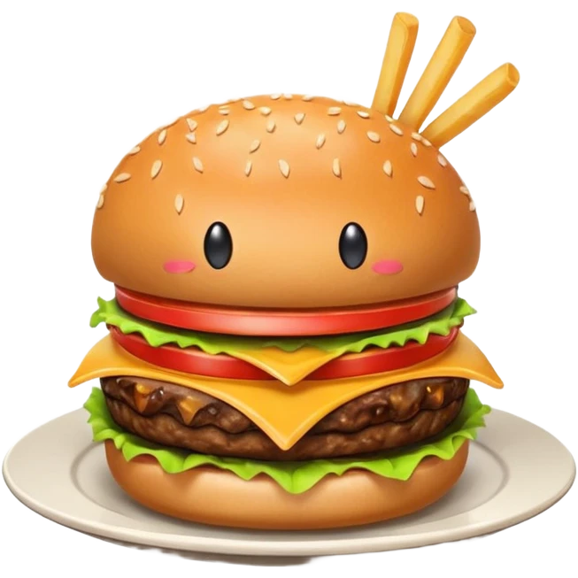 Burger on a plate with fries. The burger is smiling and there is drool coming out of its mouth. The burger looks euphoric and delicious.  emoji