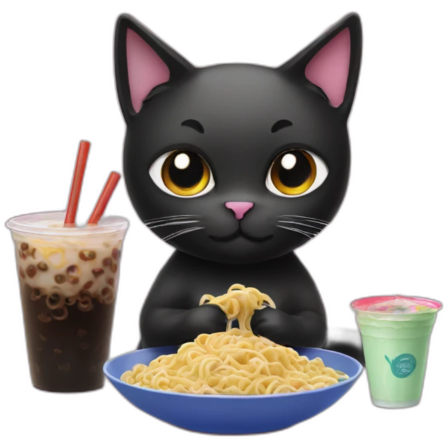black cat eating noodles next to bubble tea emoji