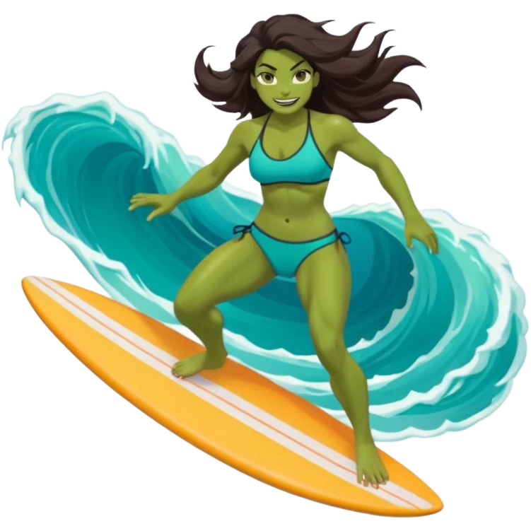 ork female surfer riding big turquoise wave, muscular green body, fierce tusked grin, sporty bikini top and board shorts, long windswept dark hair, focused eyes, surfboard under feet, minimal ocean and sky background, centered emoji, vibrant summer colors, sticker style emoji