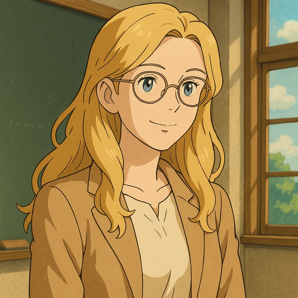 profesora rubia de pelo largo, piel clara, estilo ghibli, con gafas emoji