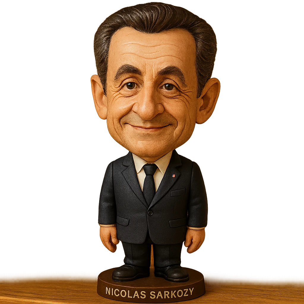 bobblehead style figure of Nicolas Sarkozy, French politician, suit and tie, oversized head, friendly expression emoji