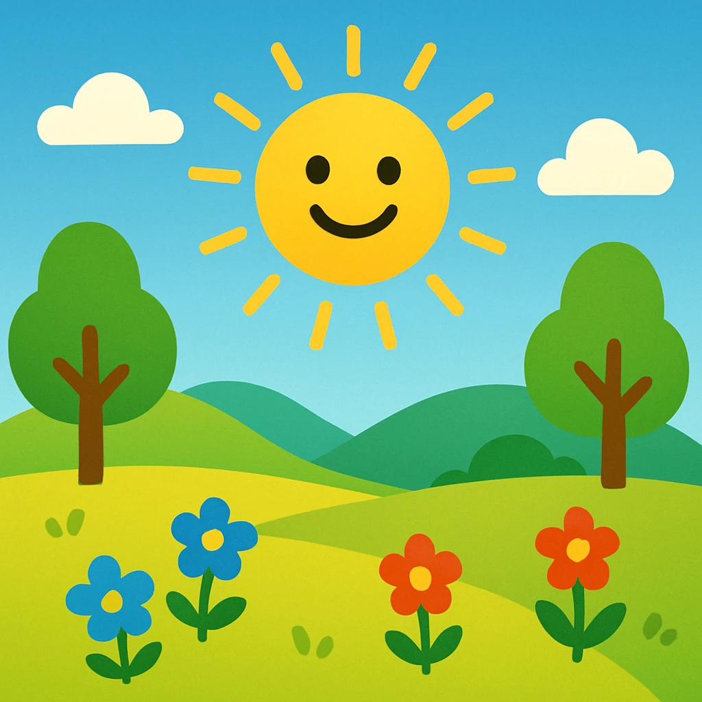 sunny landscape scene, bright and cheerful, colorful, simple shapes, emoji style inspiration emoji