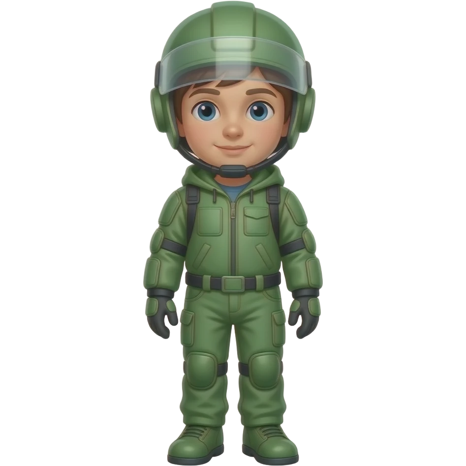 Child standing upright, green protective gear over simple clothes, relaxed upright posture.
 emoji