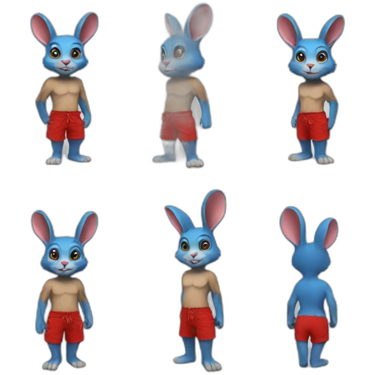 blue rabbit monkey with red shorts and with a monkey tail emoji
