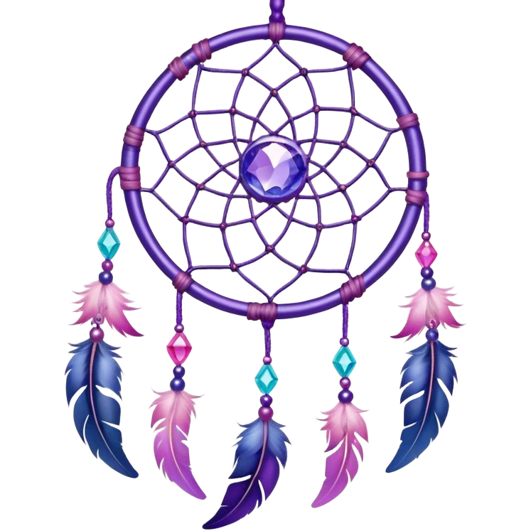 Iridescent shiny transparent pastel purple-pink-indigo-violet crescent-moon-Dreamcatcher hanging from a thread, with gemstones, and beads emoji